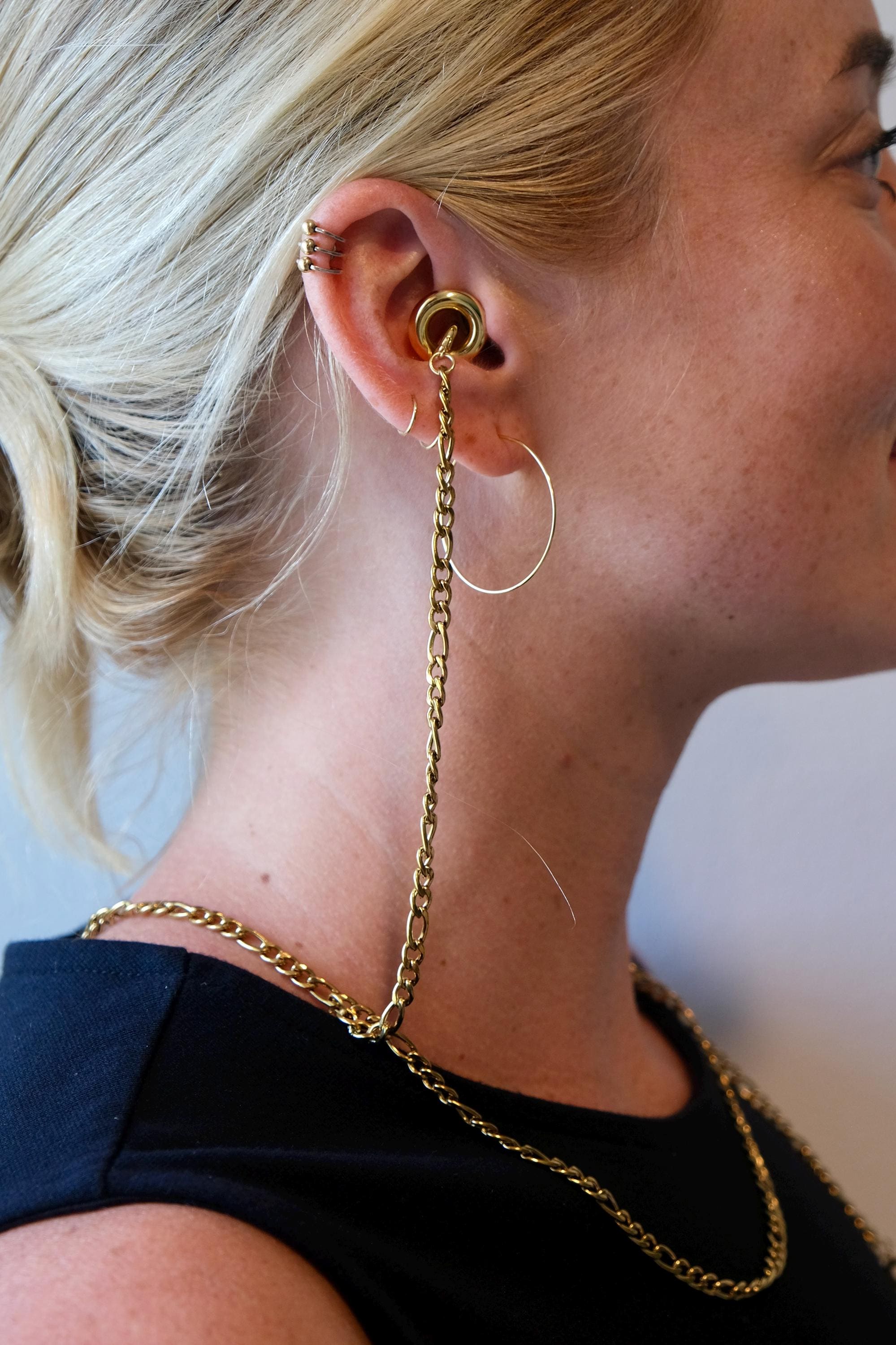 Tarnish-Free Gold Earplug Necklace | Thick Figaro Chain